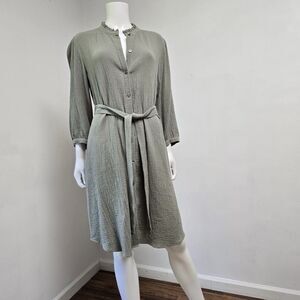 Soft Surroundings Cotton Gauze Belted Button Up Dress Sz 1X Green 3/4 Sleeves